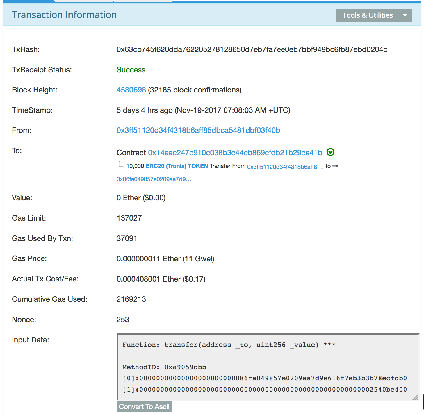 The chain information for an Ethereum transfer