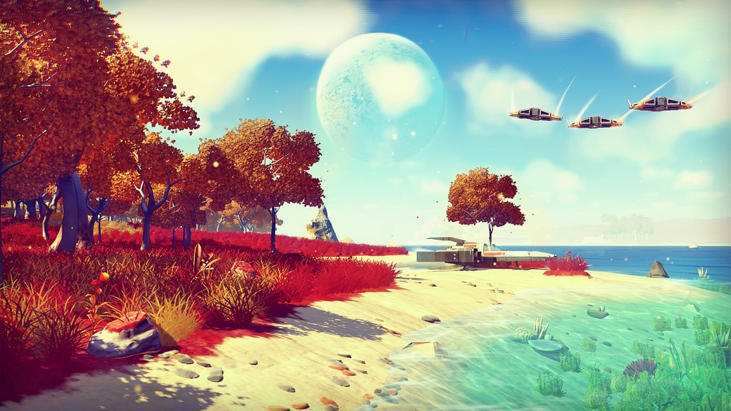 A scene from No Man's Sky featuring a spaceship on a beach
